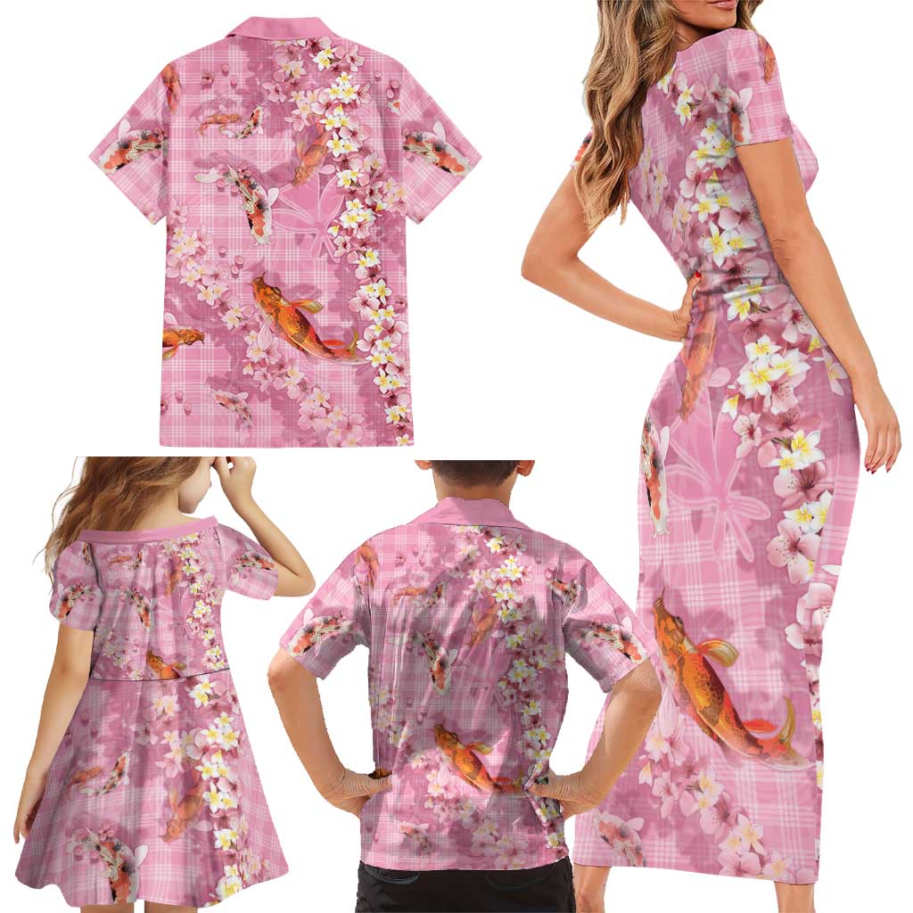 Pink Palaka Hawaiian And Japanese Family Matching Short Sleeve Bodycon Dress and Hawaiian Shirt Sakura Lei With Koi Fish - Polynesian Pride