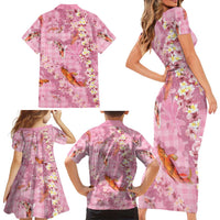 Pink Palaka Hawaiian And Japanese Family Matching Short Sleeve Bodycon Dress and Hawaiian Shirt Sakura Lei With Koi Fish - Polynesian Pride