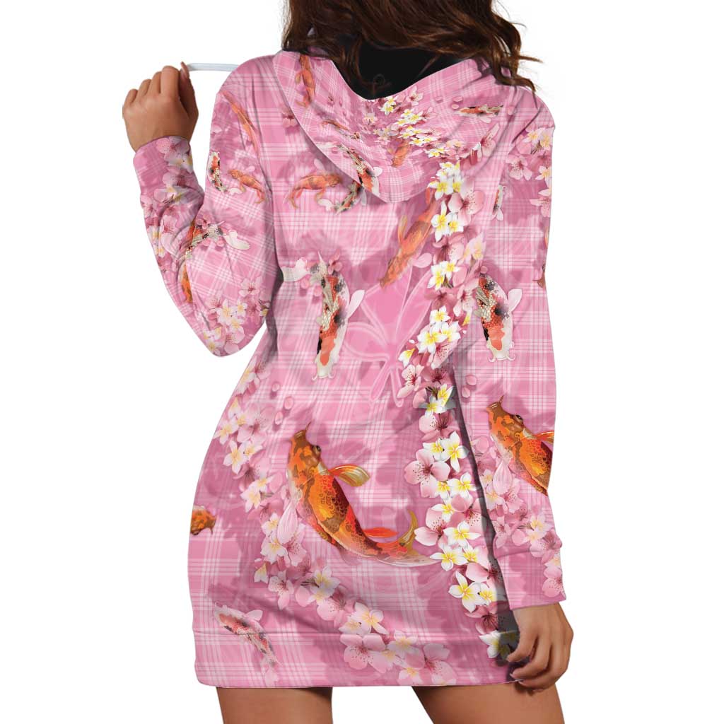 Pink Palaka Hawaiian And Japanese Hoodie Dress Sakura Lei With Koi Fish DT05 - Polynesian Pride