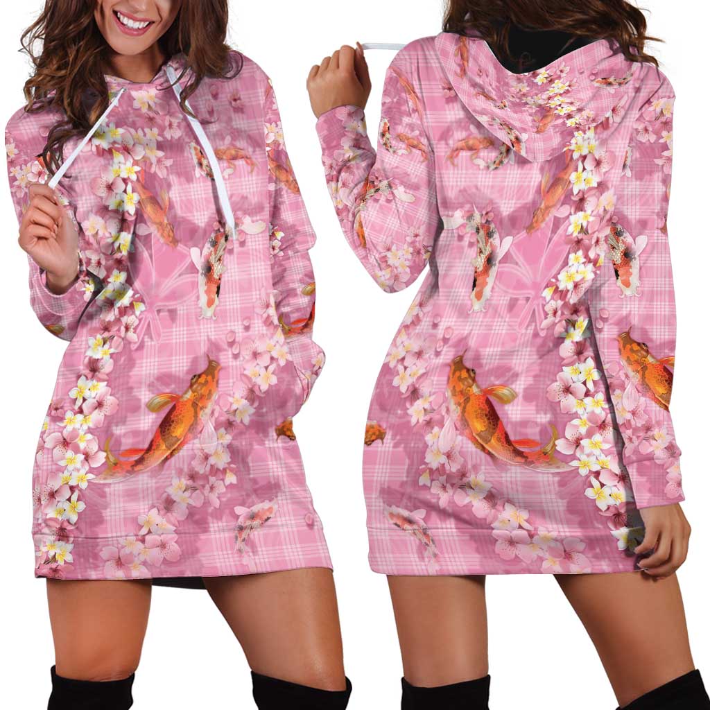 Pink Palaka Hawaiian And Japanese Hoodie Dress Sakura Lei With Koi Fish DT05 - Polynesian Pride