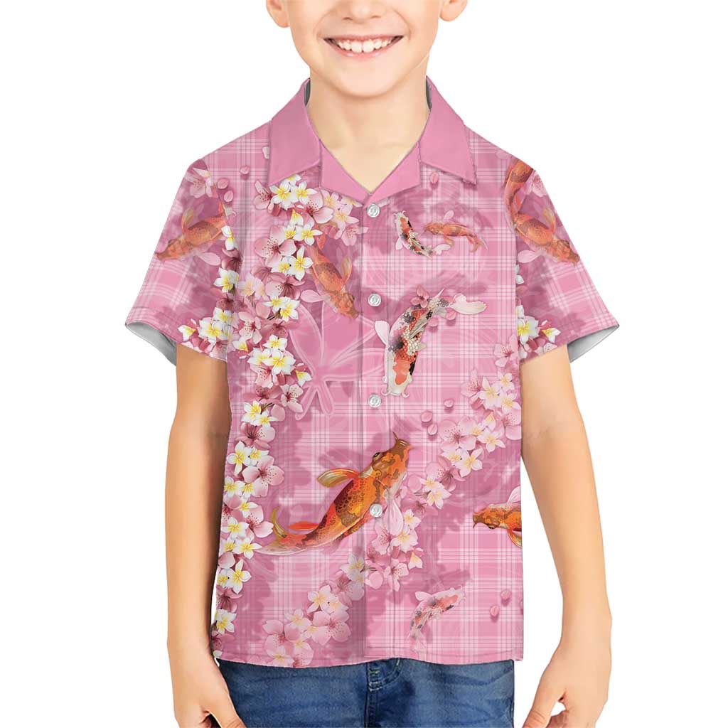 Pink Palaka Hawaiian And Japanese Kid Hawaiian Shirt Sakura Lei With Koi Fish DT05 Kid Pink - Polynesian Pride
