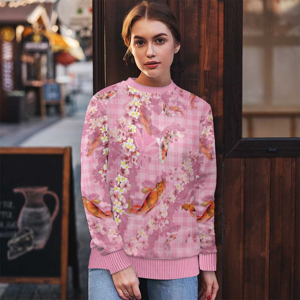 Pink Palaka Hawaiian And Japanese Ugly Christmas Sweater Sakura Lei With Koi Fish - Polynesian Pride