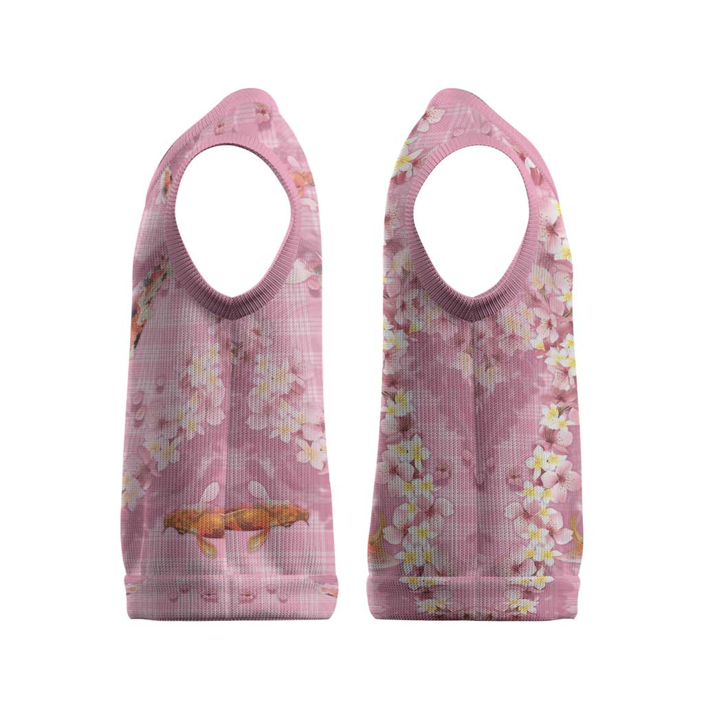 Pink Palaka Hawaiian And Japanese Christmas Knitted V-Neck Vest Sakura Lei With Koi Fish - Polynesian Pride