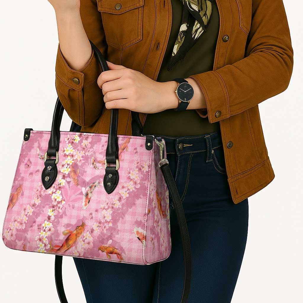 Pink Palaka Hawaiian And Japanese Leather Bag Sakura Lei With Koi Fish - Polynesian Pride