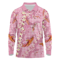 Pink Palaka Hawaiian And Japanese Long Sleeve Polo Shirt Sakura Lei With Koi Fish DT05 Pink - Polynesian Pride