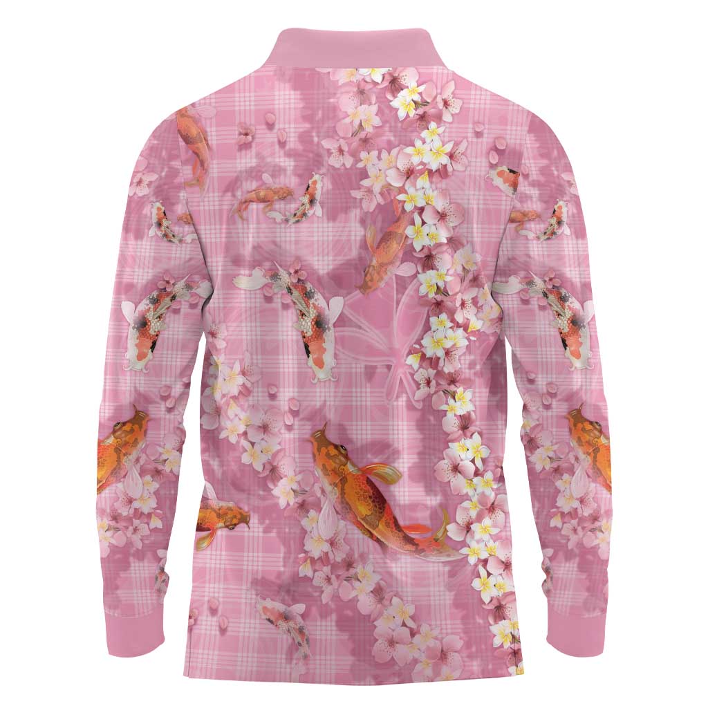 Pink Palaka Hawaiian And Japanese Long Sleeve Polo Shirt Sakura Lei With Koi Fish DT05 - Polynesian Pride