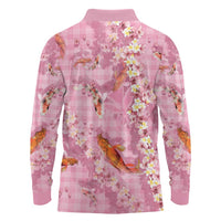Pink Palaka Hawaiian And Japanese Long Sleeve Polo Shirt Sakura Lei With Koi Fish DT05 - Polynesian Pride