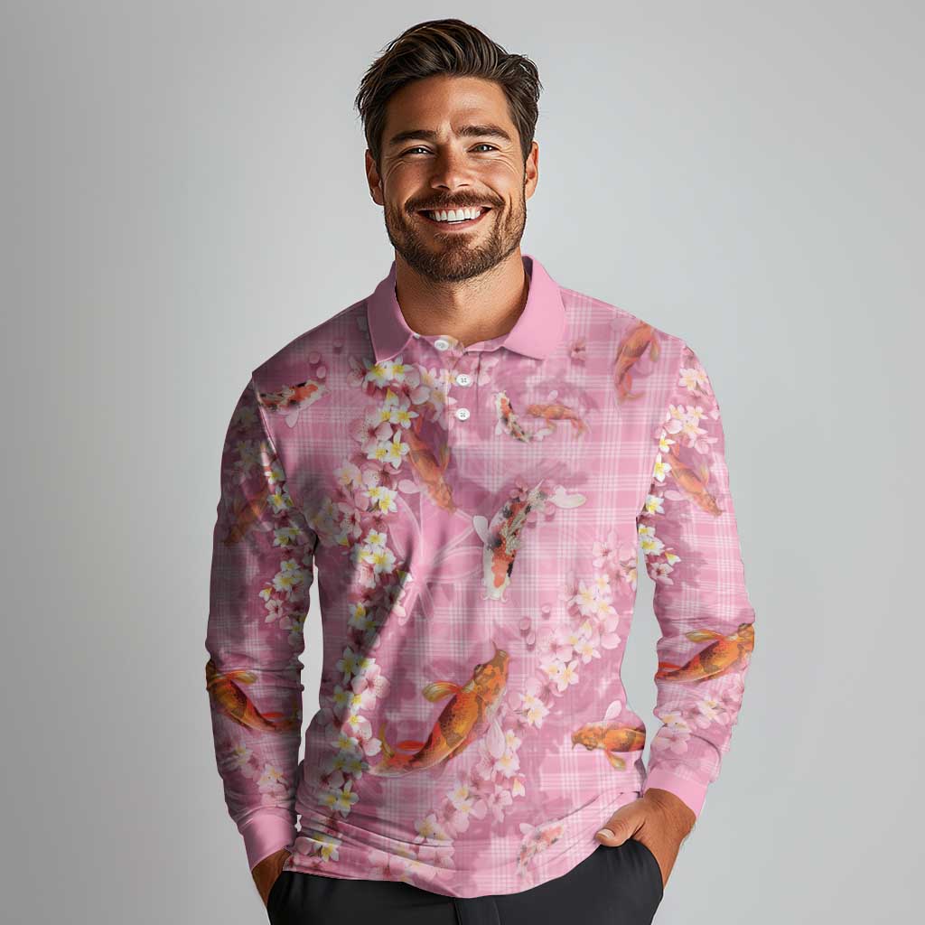 Pink Palaka Hawaiian And Japanese Long Sleeve Polo Shirt Sakura Lei With Koi Fish DT05 - Polynesian Pride