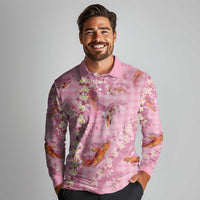 Pink Palaka Hawaiian And Japanese Long Sleeve Polo Shirt Sakura Lei With Koi Fish DT05 - Polynesian Pride