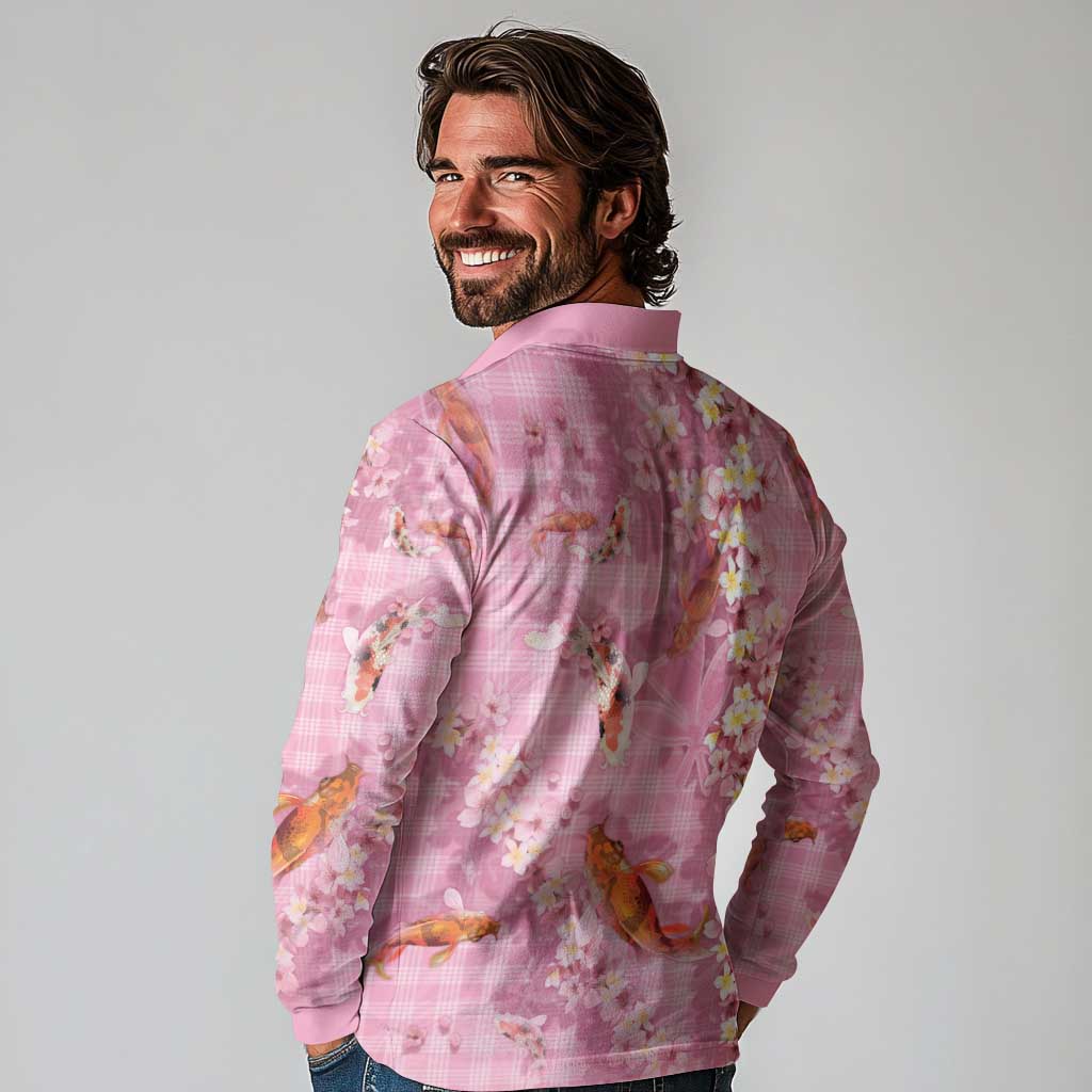 Pink Palaka Hawaiian And Japanese Long Sleeve Polo Shirt Sakura Lei With Koi Fish DT05 - Polynesian Pride