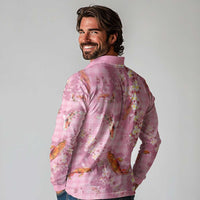 Pink Palaka Hawaiian And Japanese Long Sleeve Polo Shirt Sakura Lei With Koi Fish DT05 - Polynesian Pride