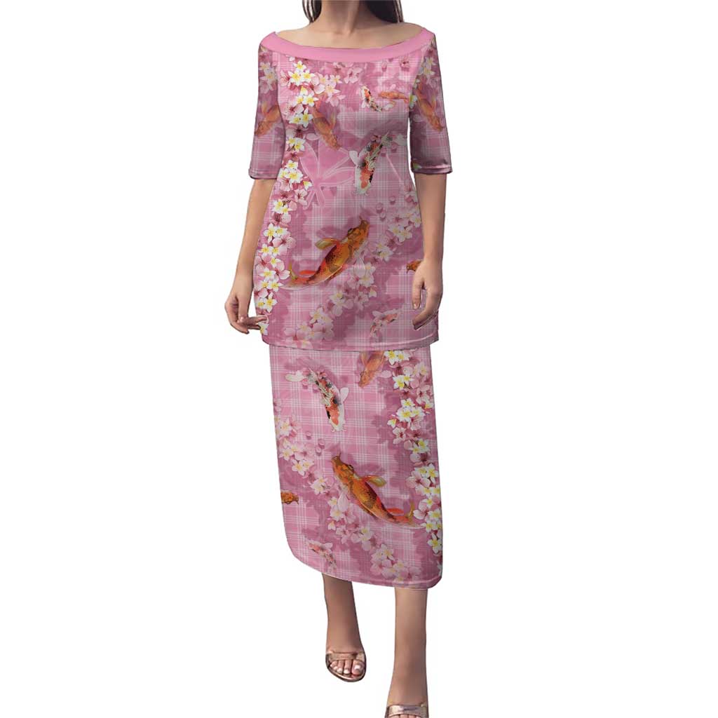 Pink Palaka Hawaiian And Japanese Puletasi Sakura Lei With Koi Fish DT05 Long Dress Pink - Polynesian Pride
