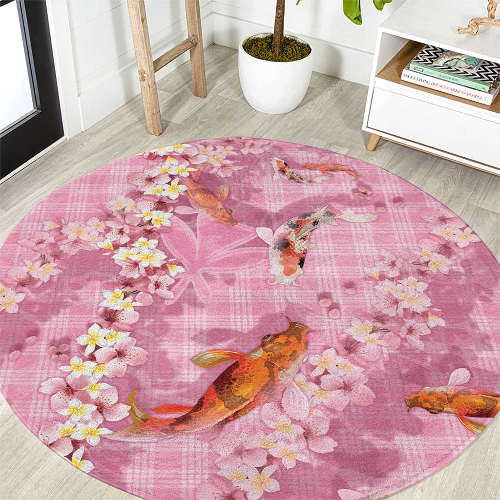Pink Palaka Hawaiian And Japanese Round Carpet Sakura Lei With Koi Fish DT05 Pink - Polynesian Pride