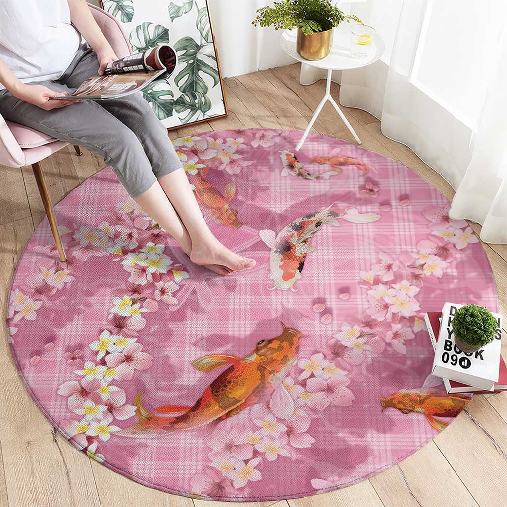 Pink Palaka Hawaiian And Japanese Round Carpet Sakura Lei With Koi Fish DT05 - Polynesian Pride