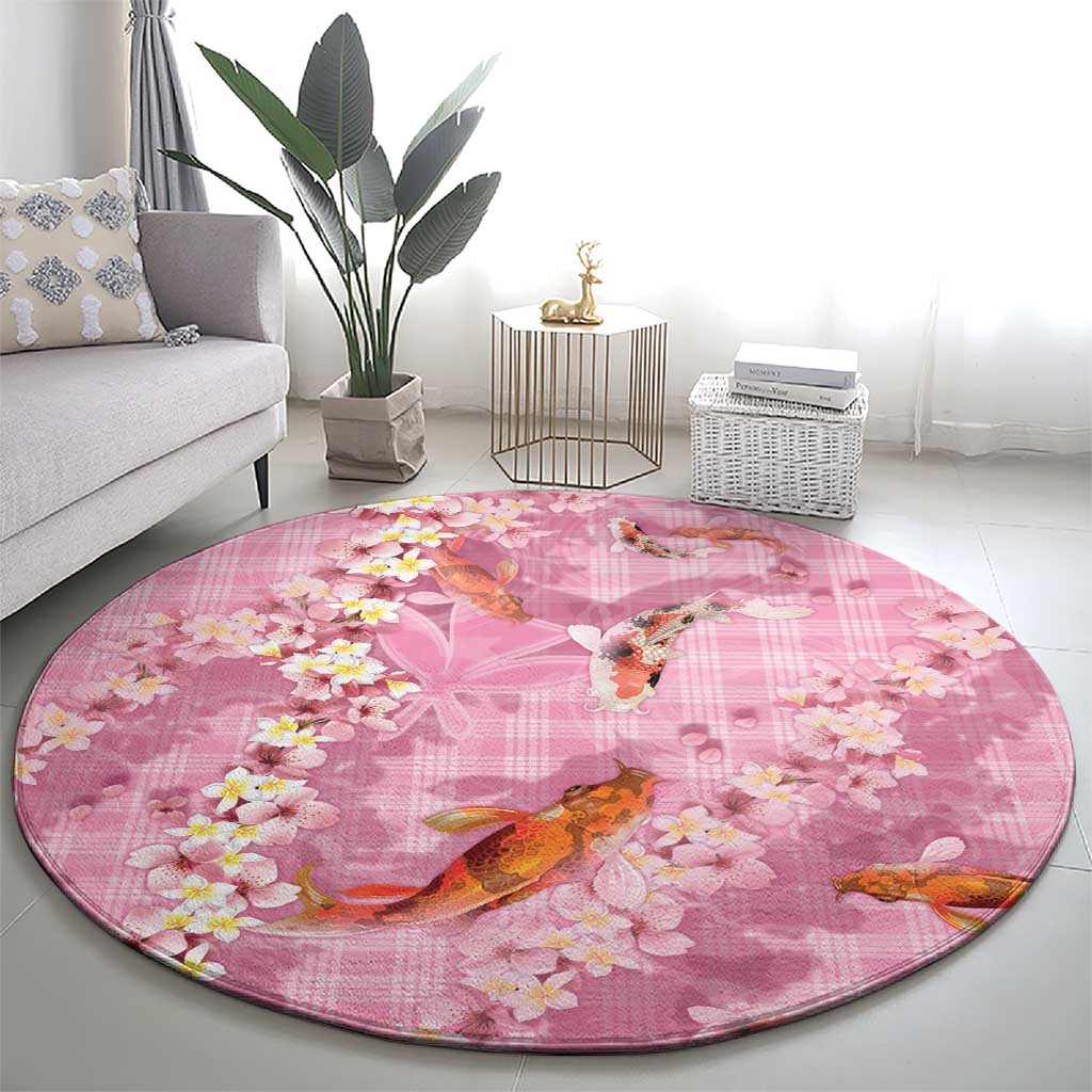 Pink Palaka Hawaiian And Japanese Round Carpet Sakura Lei With Koi Fish DT05 - Polynesian Pride