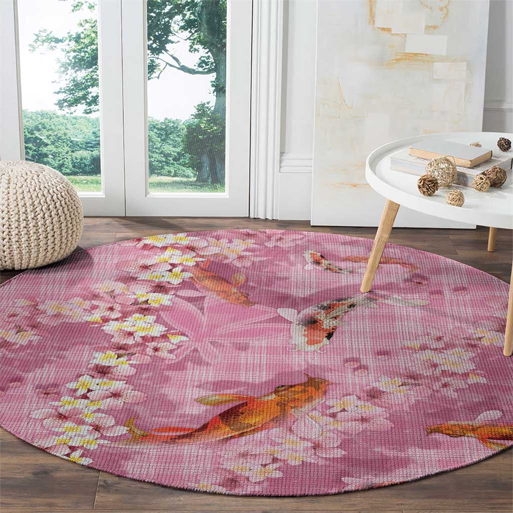 Pink Palaka Hawaiian And Japanese Round Carpet Sakura Lei With Koi Fish DT05 - Polynesian Pride