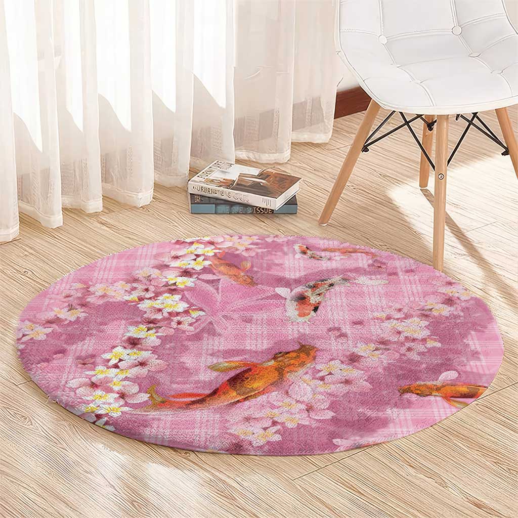 Pink Palaka Hawaiian And Japanese Round Carpet Sakura Lei With Koi Fish DT05 - Polynesian Pride