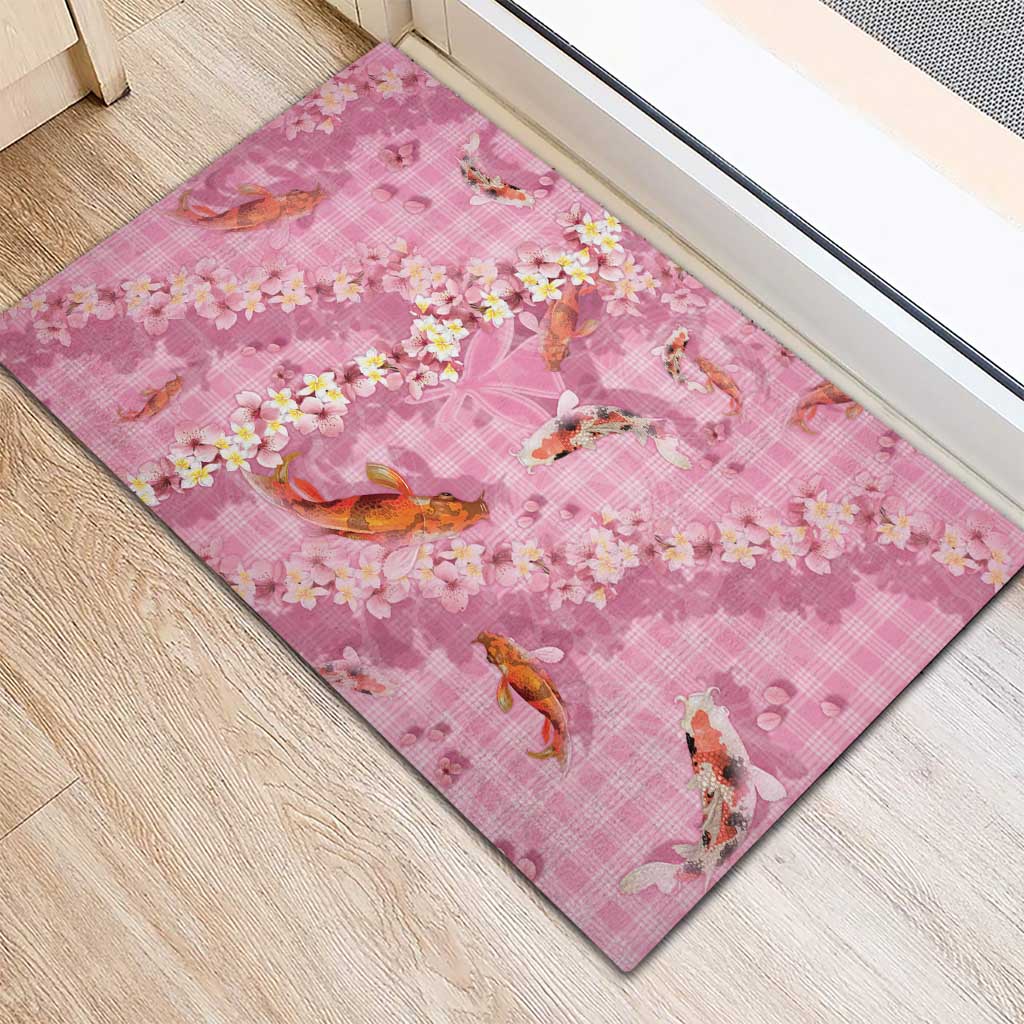 Pink Palaka Hawaiian And Japanese Rubber Doormat Sakura Lei With Koi Fish DT05 - Polynesian Pride