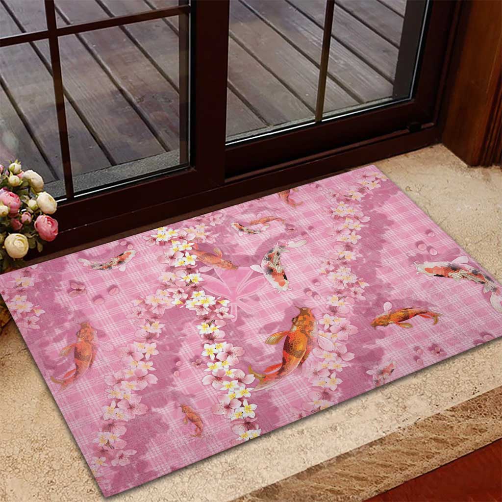 Pink Palaka Hawaiian And Japanese Rubber Doormat Sakura Lei With Koi Fish DT05 - Polynesian Pride