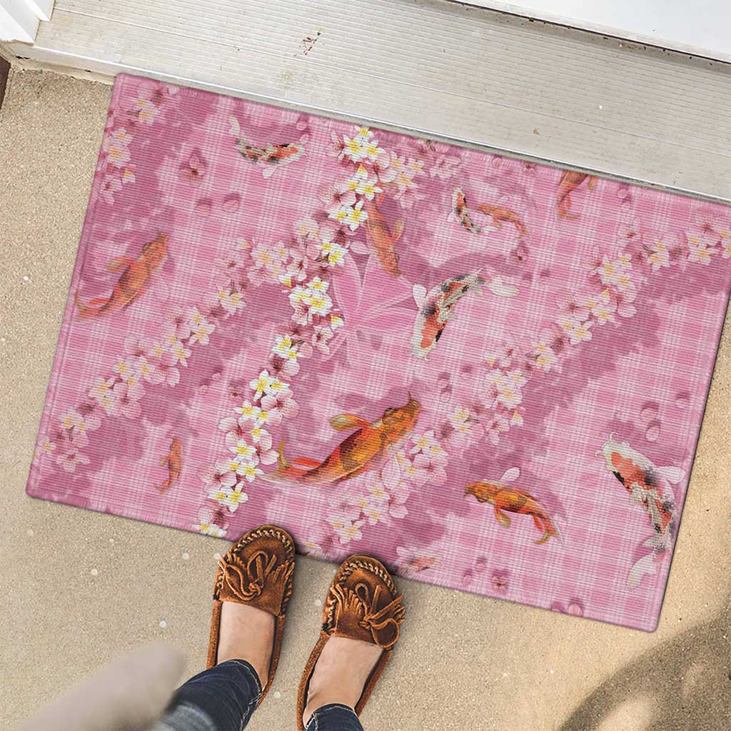 Pink Palaka Hawaiian And Japanese Rubber Doormat Sakura Lei With Koi Fish DT05 - Polynesian Pride