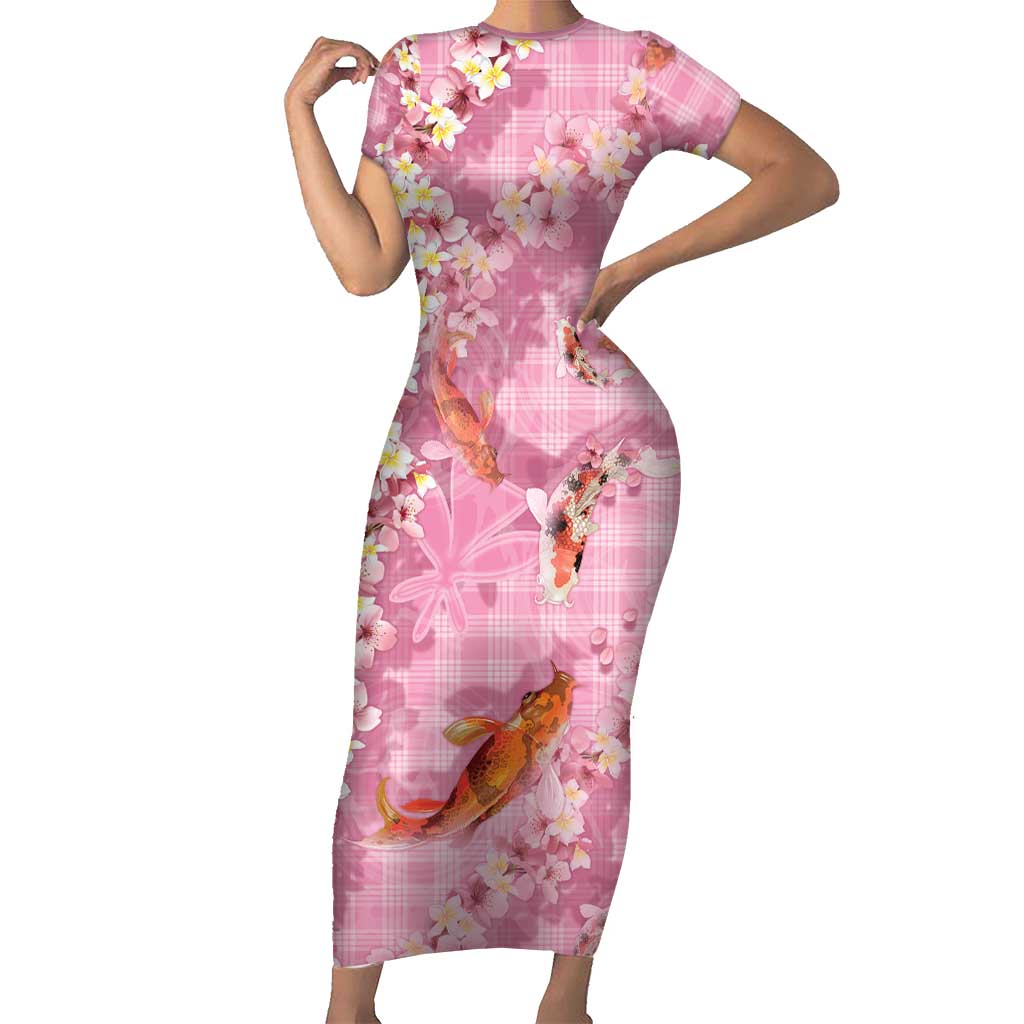 Pink Palaka Hawaiian And Japanese Short Sleeve Bodycon Dress Sakura Lei With Koi Fish - Polynesian Pride
