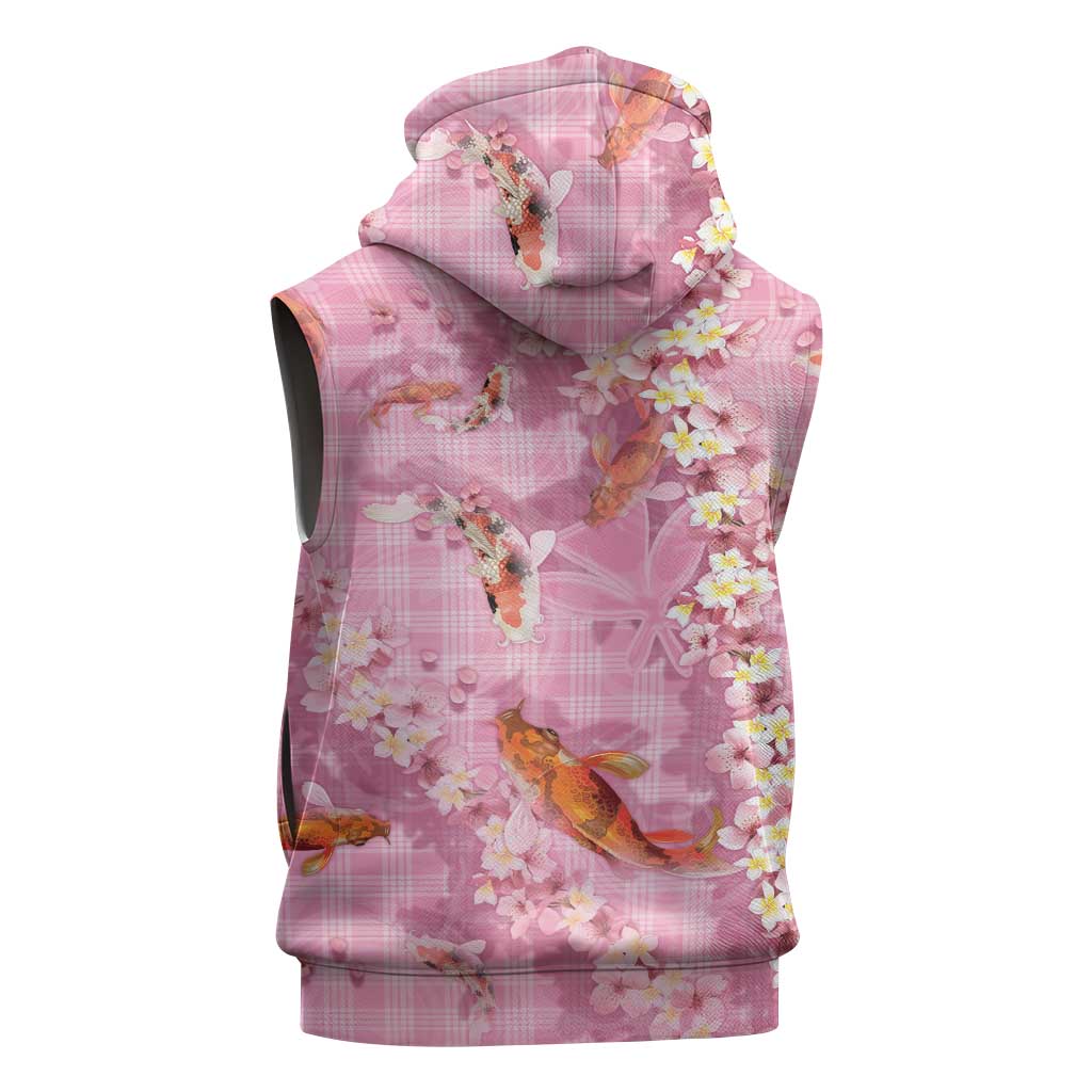Pink Palaka Hawaiian And Japanese Sleeveless Zip Hoodie Sakura Lei With Koi Fish - Polynesian Pride