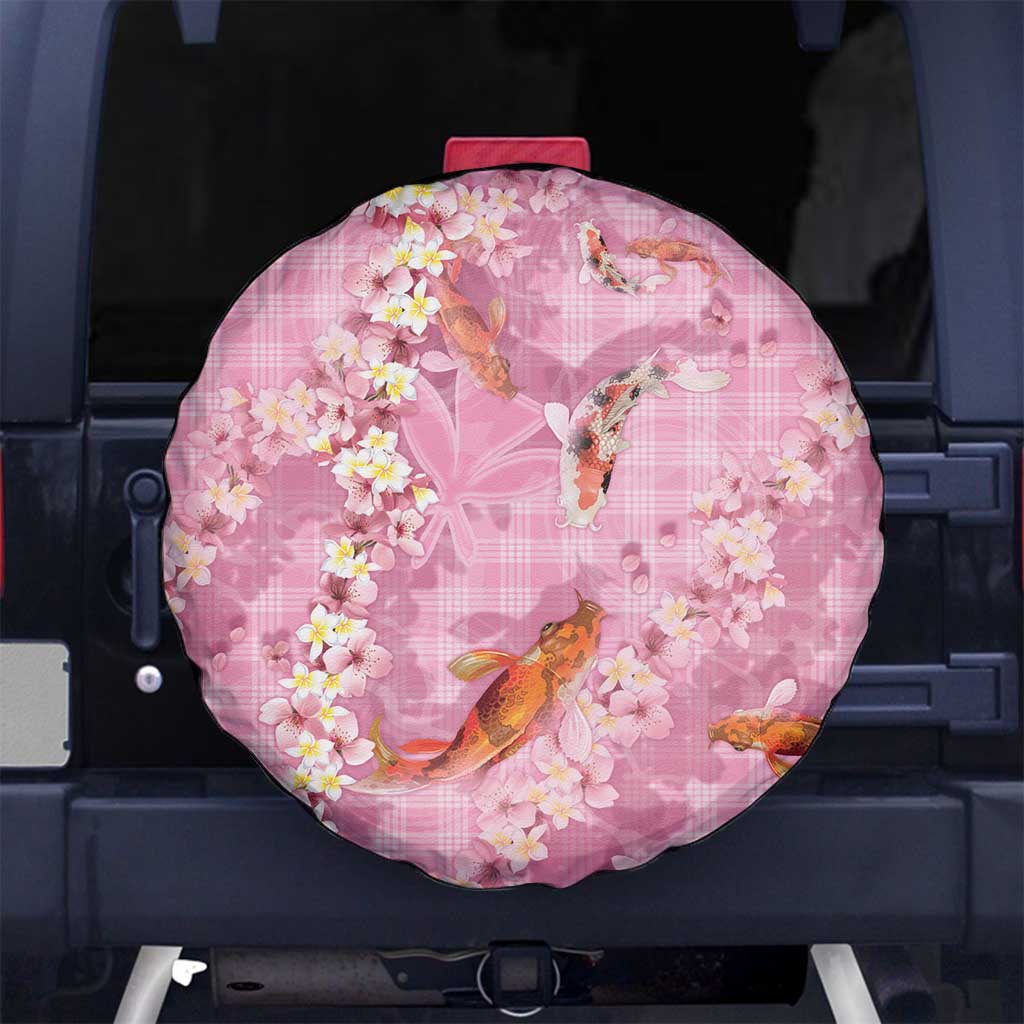 Pink Palaka Hawaiian And Japanese Spare Tire Cover Sakura Lei With Koi Fish DT05 No hole Pink - Polynesian Pride