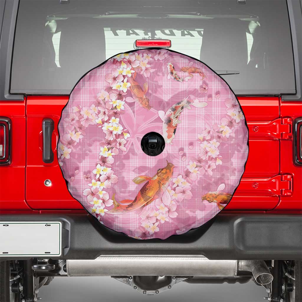 Pink Palaka Hawaiian And Japanese Spare Tire Cover Sakura Lei With Koi Fish DT05 - Polynesian Pride