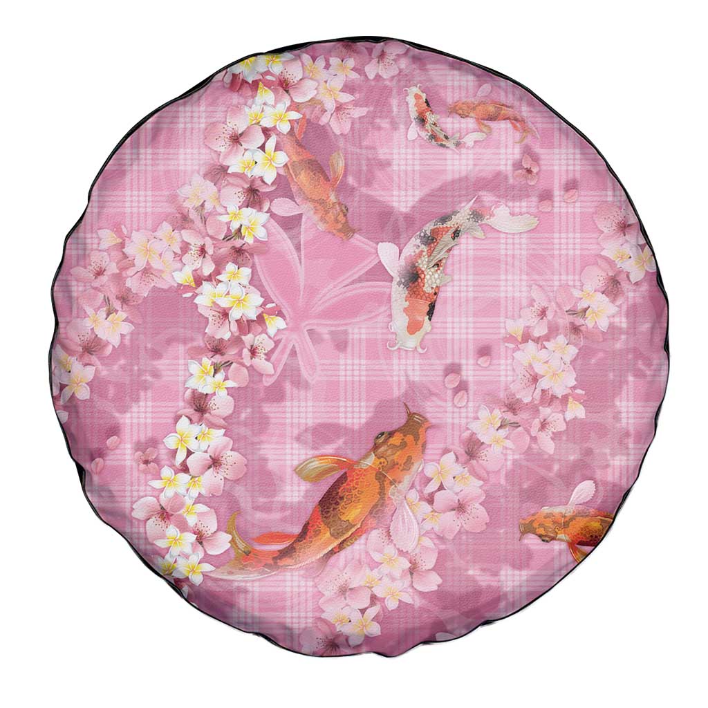 Pink Palaka Hawaiian And Japanese Spare Tire Cover Sakura Lei With Koi Fish DT05 - Polynesian Pride