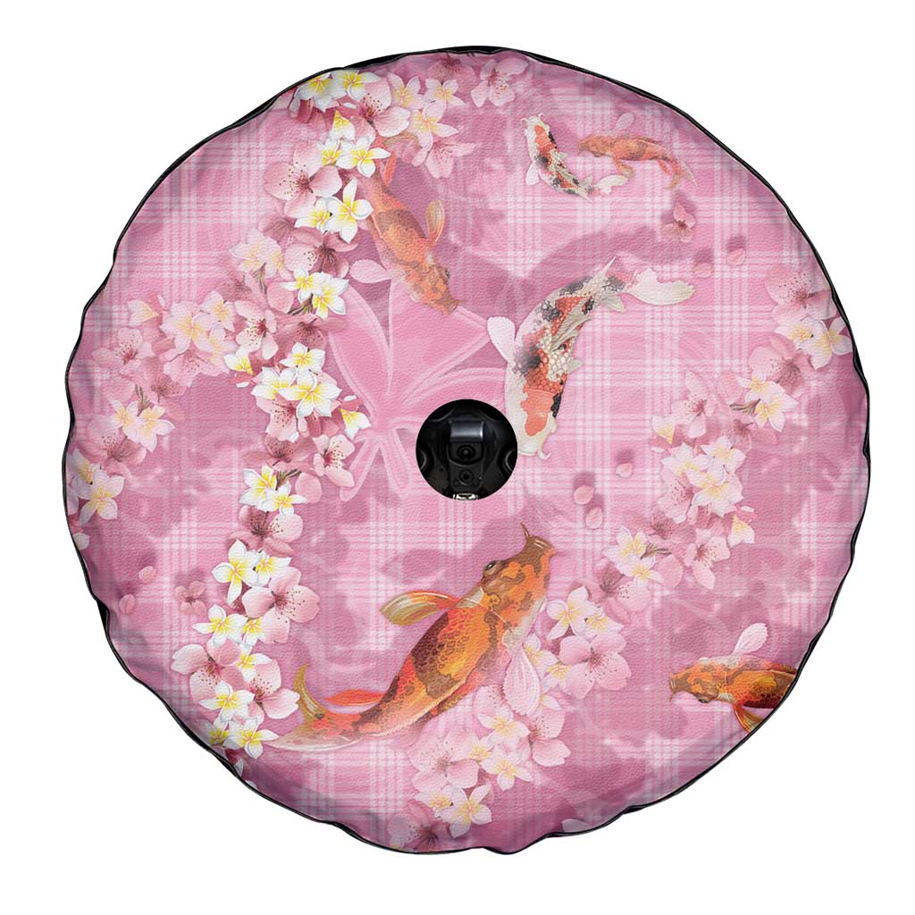 Pink Palaka Hawaiian And Japanese Spare Tire Cover Sakura Lei With Koi Fish DT05 - Polynesian Pride