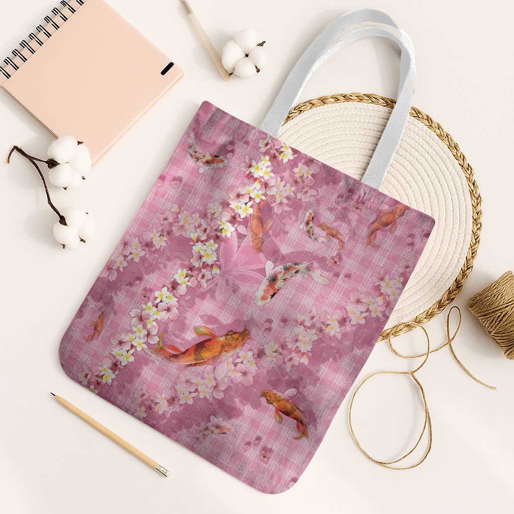 Pink Palaka Hawaiian And Japanese Tote Bag Sakura Lei With Koi Fish - Polynesian Pride