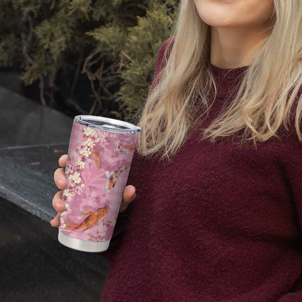 Pink Palaka Hawaiian And Japanese Tumbler Cup Sakura Lei With Koi Fish - Polynesian Pride