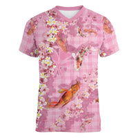 Pink Palaka Hawaiian And Japanese Women V-Neck T-Shirt Sakura Lei With Koi Fish - Polynesian Pride