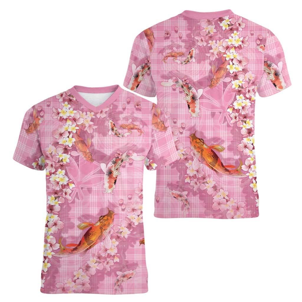 Pink Palaka Hawaiian And Japanese Women V-Neck T-Shirt Sakura Lei With Koi Fish - Polynesian Pride