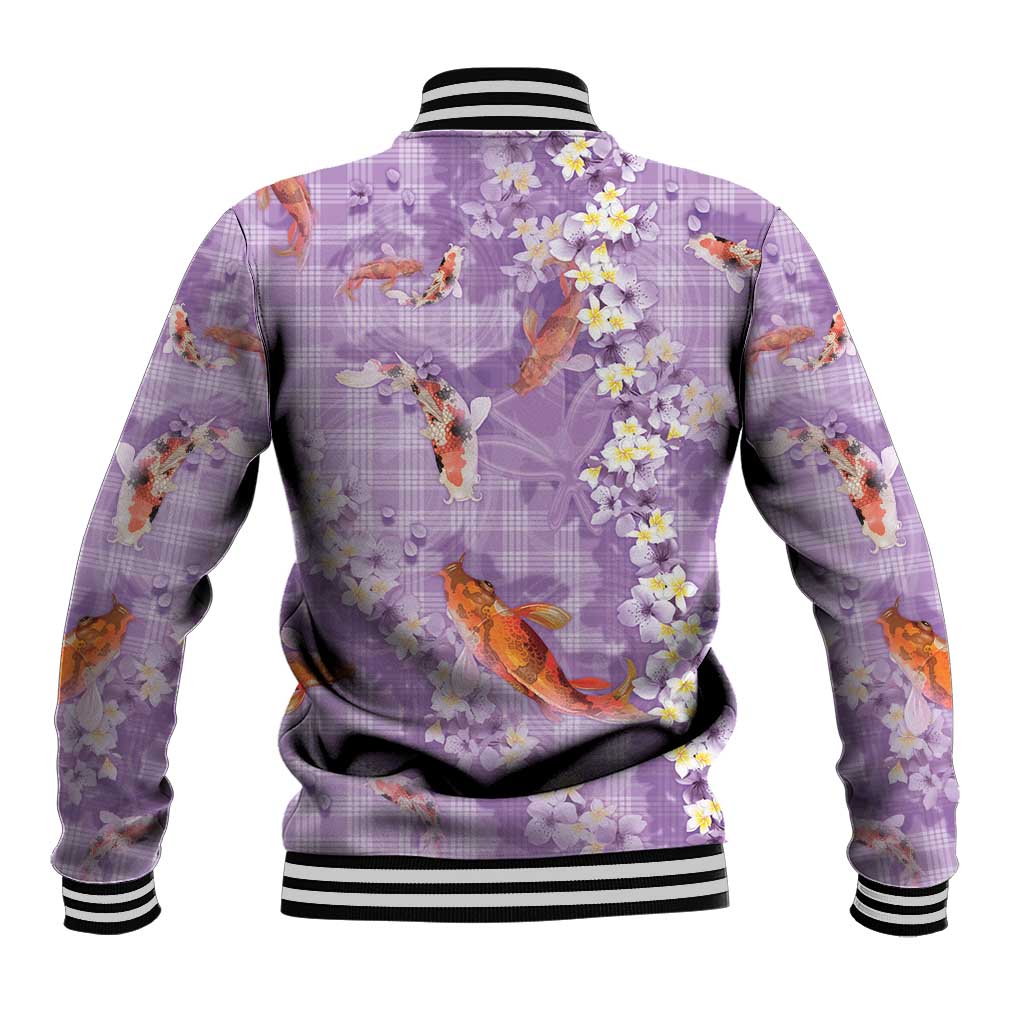Purple Palaka Hawaiian And Japanese Baseball Jacket Sakura Lei With Koi Fish DT05 - Polynesian Pride