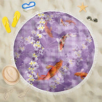 Purple Palaka Hawaiian And Japanese Beach Blanket Sakura Lei With Koi Fish DT05 One Size 150cm Purple - Polynesian Pride