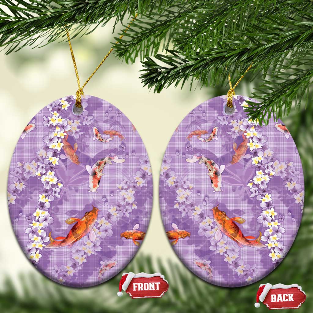 Purple Palaka Hawaiian And Japanese Ceramic Ornament Sakura Lei With Koi Fish DT05 Oval Purple - Polynesian Pride