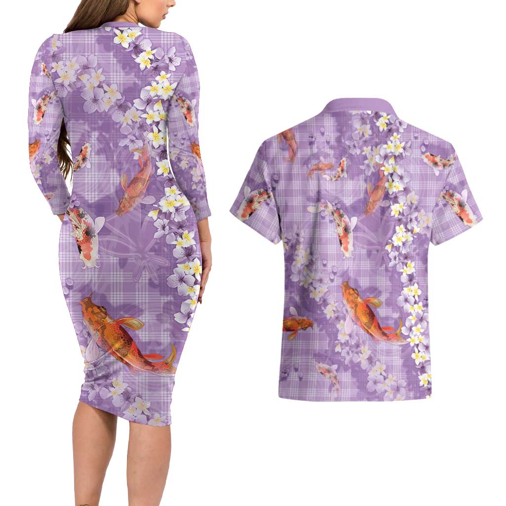 Purple Palaka Hawaiian And Japanese Couples Matching Long Sleeve Bodycon Dress and Hawaiian Shirt Sakura Lei With Koi Fish - Polynesian Pride