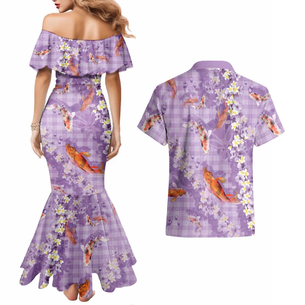 Purple Palaka Hawaiian And Japanese Couples Matching Mermaid Dress and Hawaiian Shirt Sakura Lei With Koi Fish - Polynesian Pride