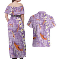 Purple Palaka Hawaiian And Japanese Couples Matching Off Shoulder Maxi Dress and Hawaiian Shirt Sakura Lei With Koi Fish - Polynesian Pride