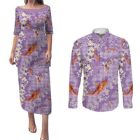 Purple Palaka Hawaiian And Japanese Couples Matching Puletasi and Long Sleeve Button Shirt Sakura Lei With Koi Fish - Polynesian Pride