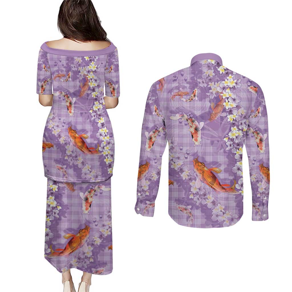 Purple Palaka Hawaiian And Japanese Couples Matching Puletasi and Long Sleeve Button Shirt Sakura Lei With Koi Fish - Polynesian Pride