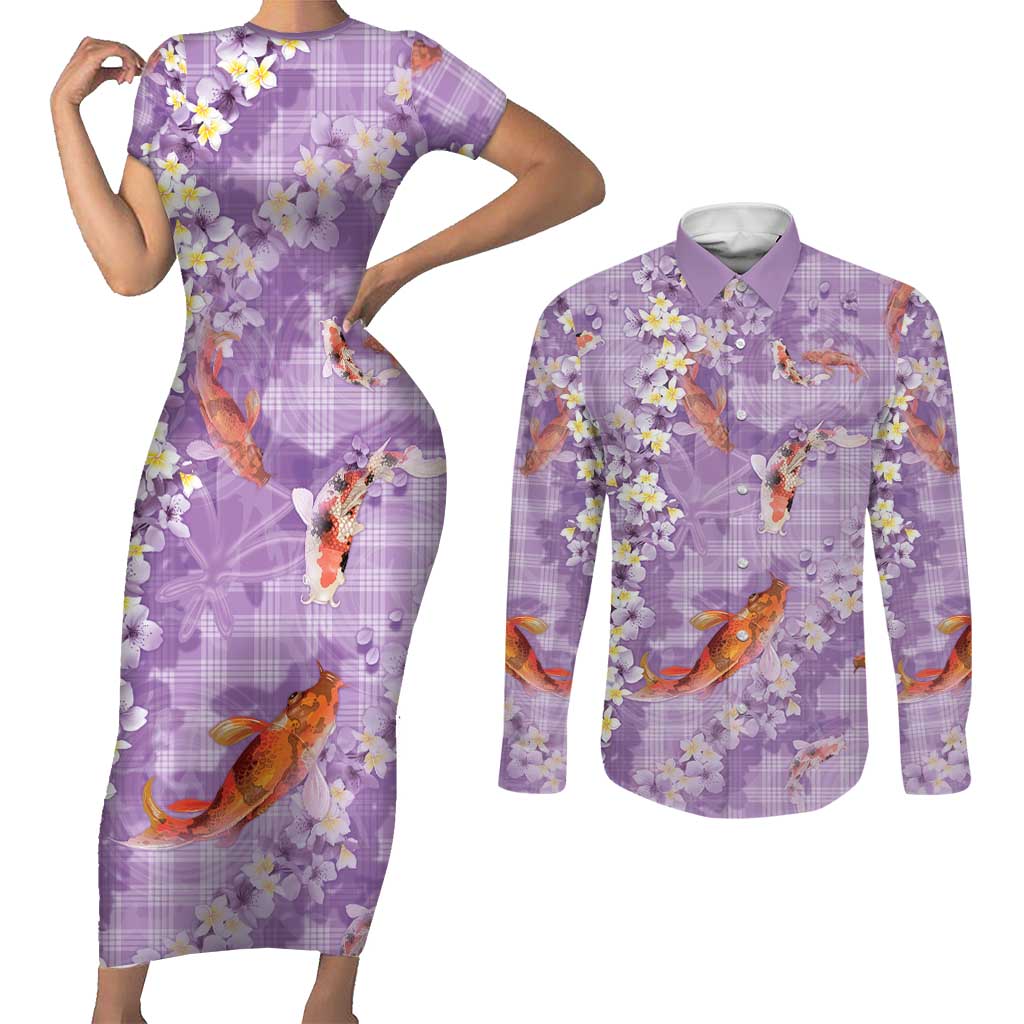Purple Palaka Hawaiian And Japanese Couples Matching Short Sleeve Bodycon Dress and Long Sleeve Button Shirt Sakura Lei With Koi Fish DT05 Purple - Polynesian Pride