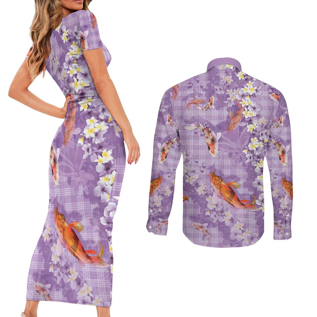 Purple Palaka Hawaiian And Japanese Couples Matching Short Sleeve Bodycon Dress and Long Sleeve Button Shirt Sakura Lei With Koi Fish DT05 - Polynesian Pride