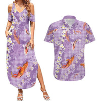 Purple Palaka Hawaiian And Japanese Couples Matching Summer Maxi Dress and Hawaiian Shirt Sakura Lei With Koi Fish - Polynesian Pride