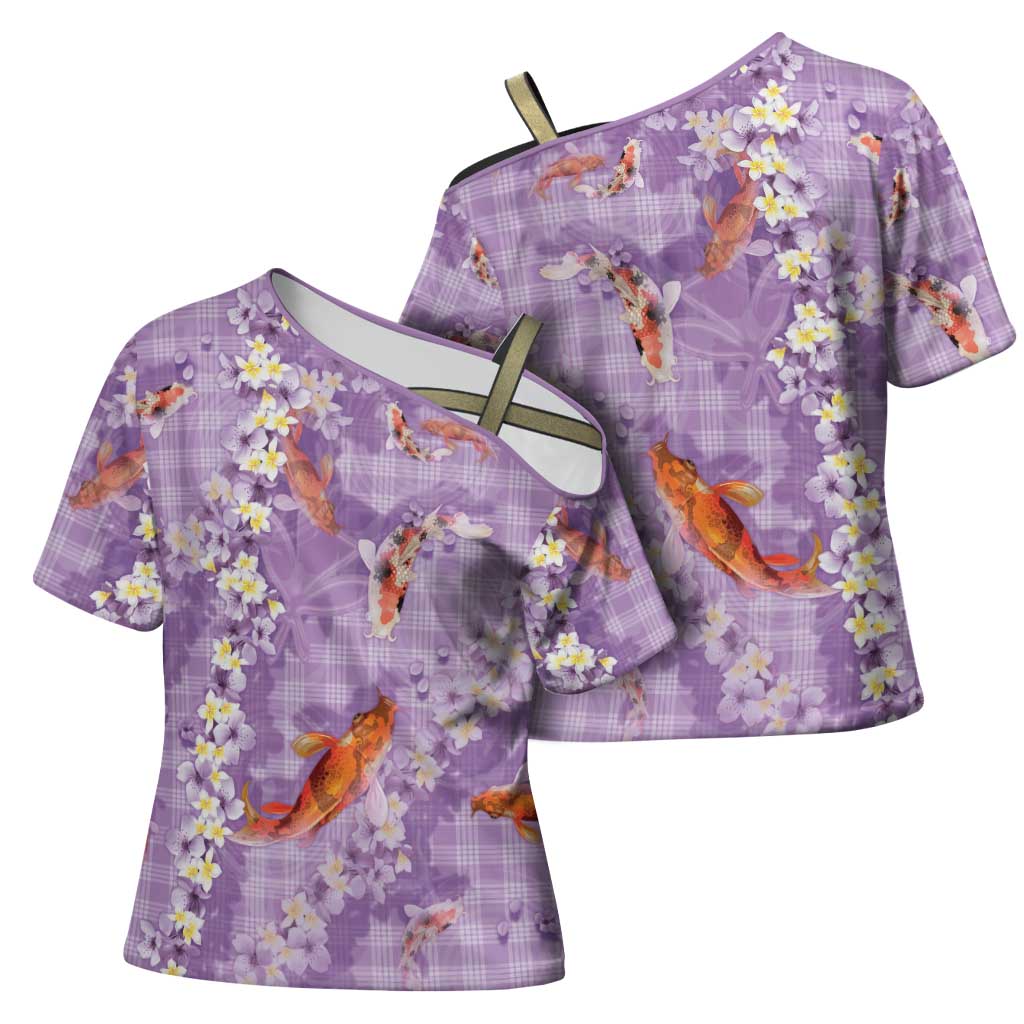Purple Palaka Hawaiian And Japanese Cross Shoulder Shirt Sakura Lei With Koi Fish - Polynesian Pride