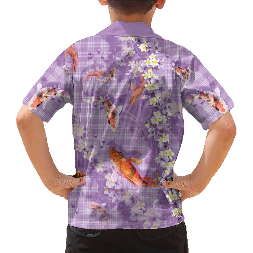 Purple Palaka Hawaiian And Japanese Family Matching Long Sleeve Bodycon Dress and Hawaiian Shirt Sakura Lei With Koi Fish DT05 - Polynesian Pride