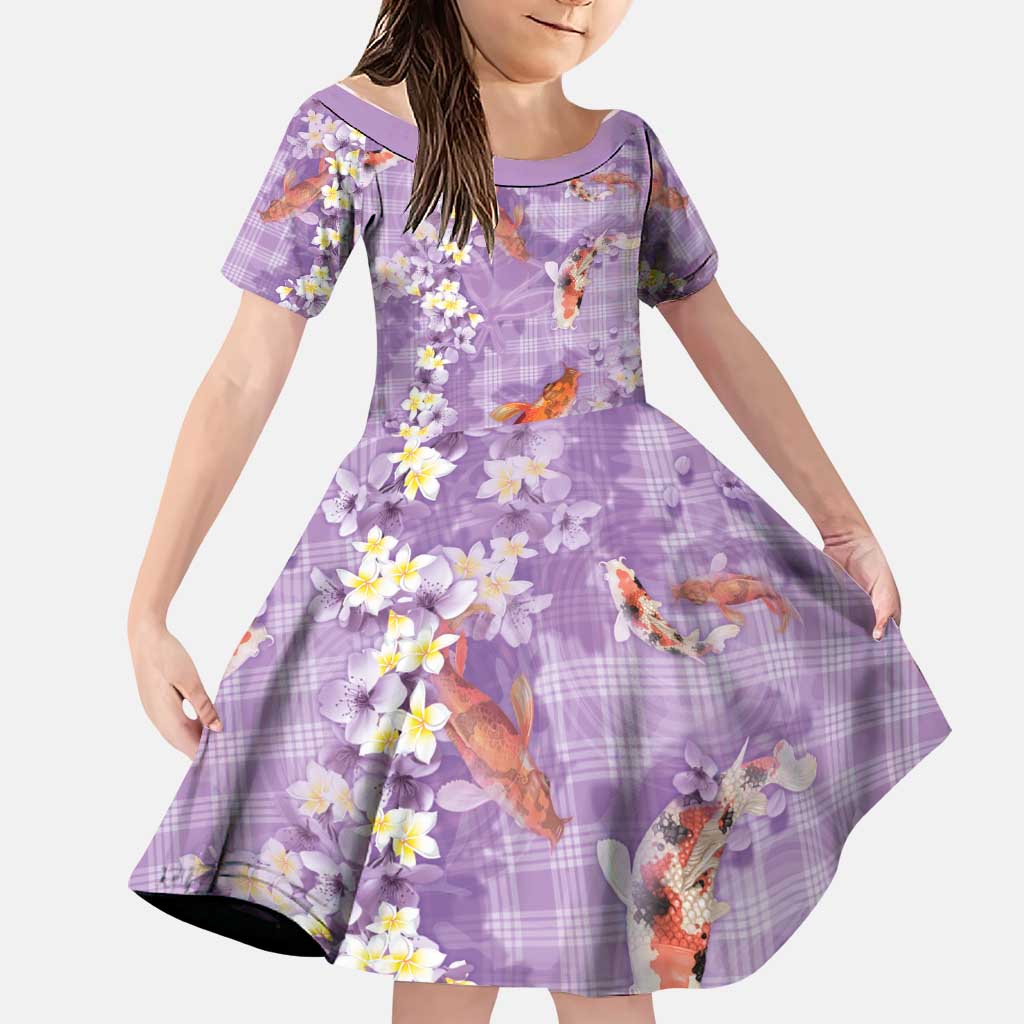 Purple Palaka Hawaiian And Japanese Family Matching Long Sleeve Bodycon Dress and Hawaiian Shirt Sakura Lei With Koi Fish DT05 Daughter's Dress Purple - Polynesian Pride