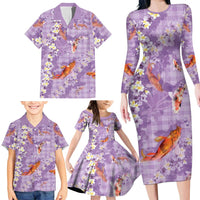 Purple Palaka Hawaiian And Japanese Family Matching Long Sleeve Bodycon Dress and Hawaiian Shirt Sakura Lei With Koi Fish DT05 - Polynesian Pride