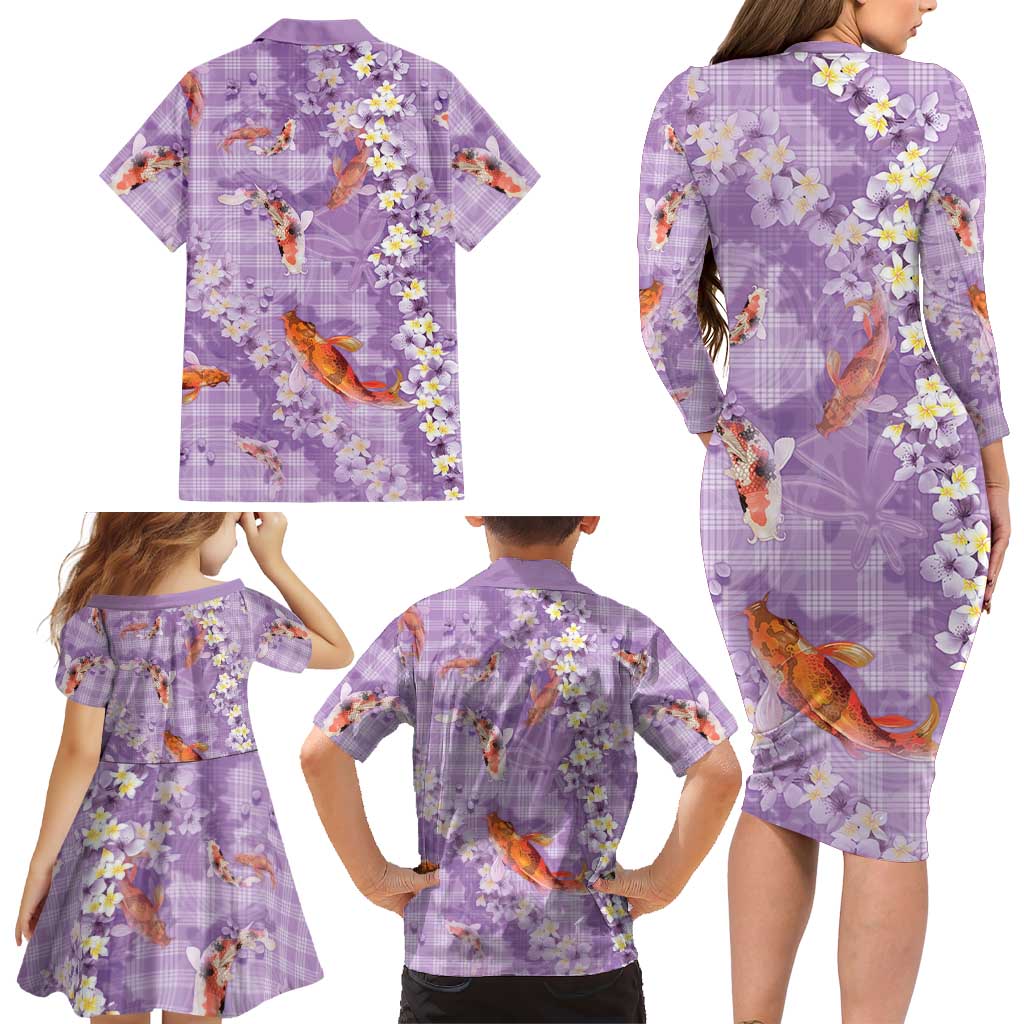 Purple Palaka Hawaiian And Japanese Family Matching Long Sleeve Bodycon Dress and Hawaiian Shirt Sakura Lei With Koi Fish DT05 - Polynesian Pride